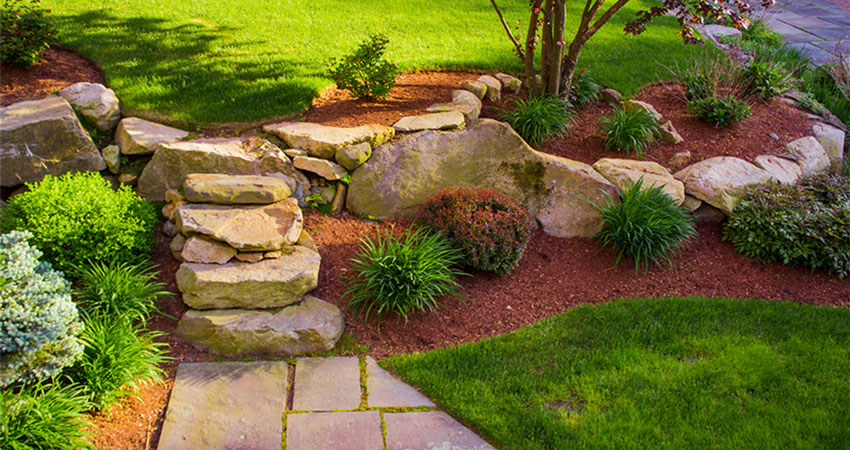 Mulch bed with stone steps